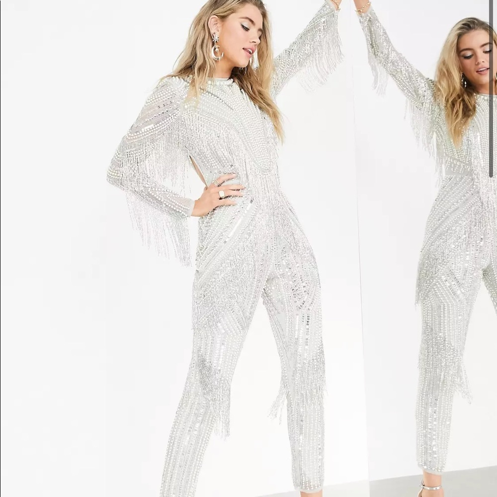 ISO ASOS EDITION sequin and pearl jumpsuit with fringing
